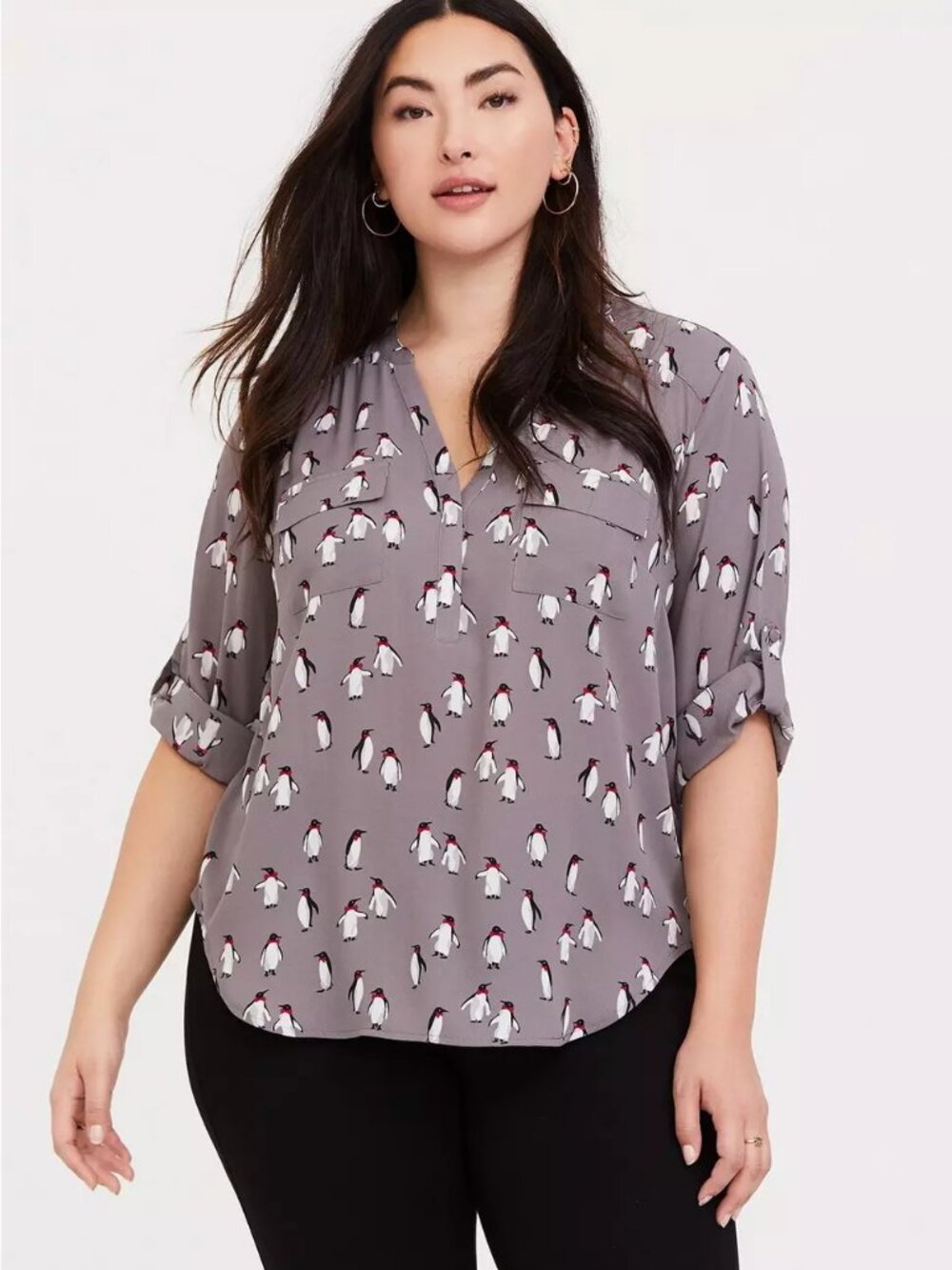 Torrid Plus Size Harper Georgette 3/4 Sleeve Blouse Playful Penguins Gray 3X